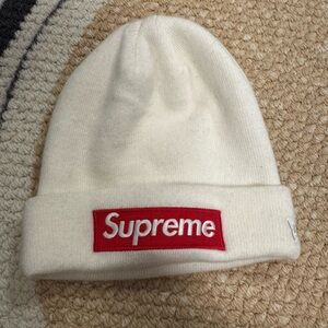 Supreme Ivory Knit Hat with Red Logo